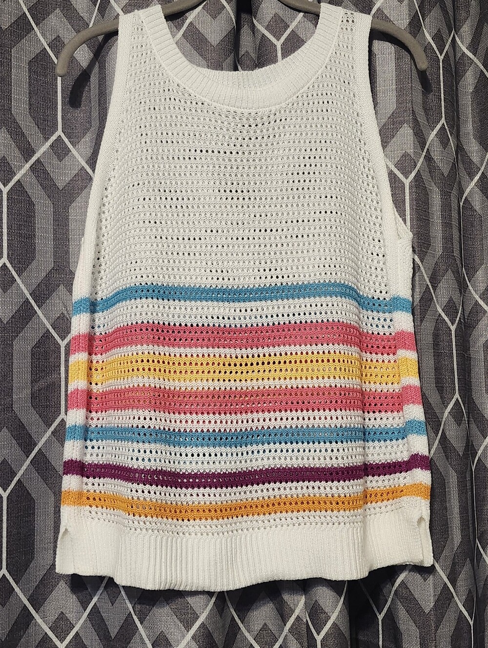 zeagoo White Crochet Tank with Multicolor Stripe Bands